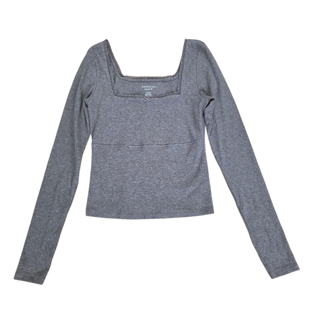 American Eagle Woman's Long-sleeve Ribbed Top Brown Medium